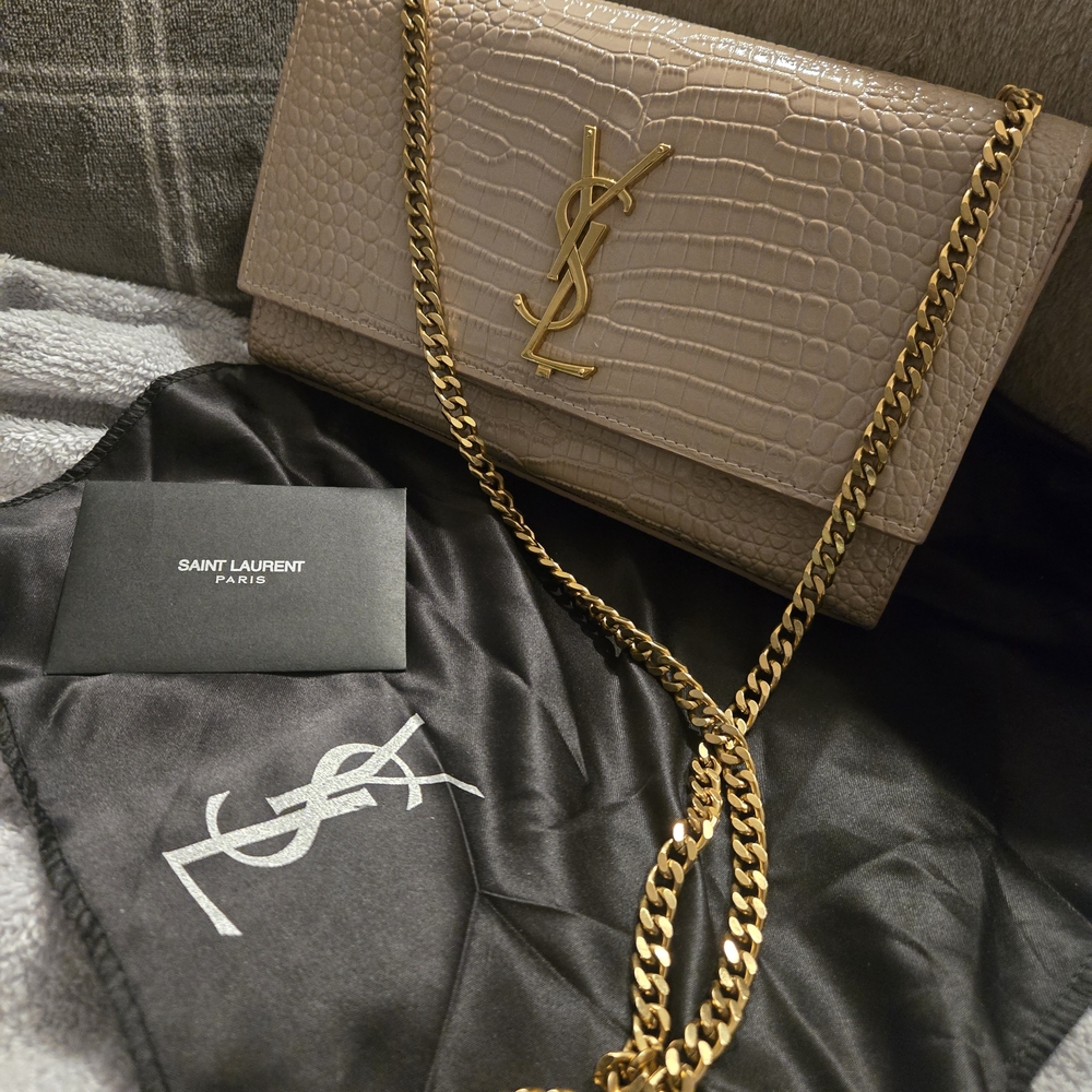 Saint Laurent Beige Croc-Embossed Clutch with Gold Chain
